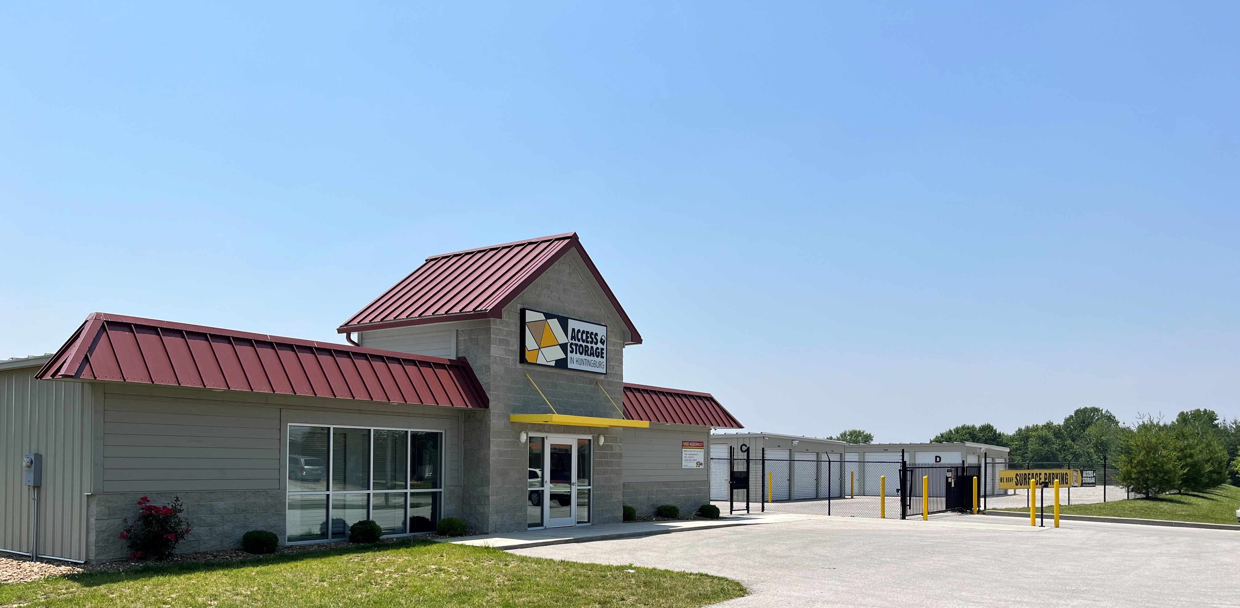 Front entrance of Huntingburg Access Storage, featuring secured access for safe and reliable storage solutions.